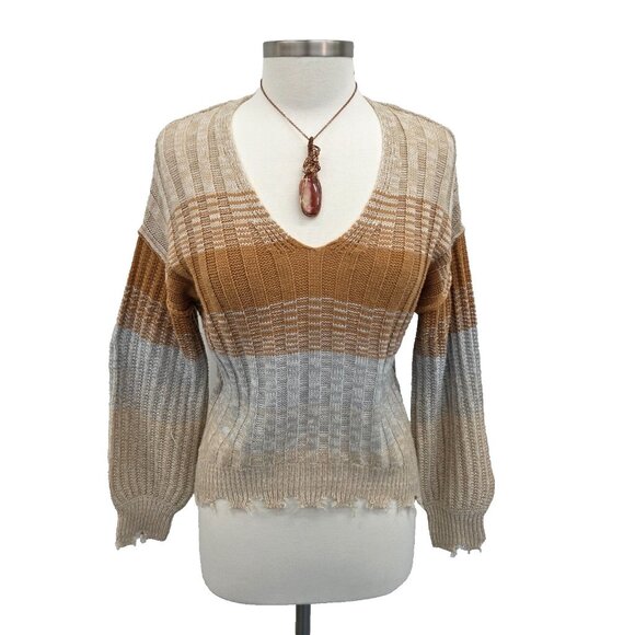 Womens XS Distressed V Neck Striped Knit Sweater Beige Tan Gray Boho Grunge - Picture 2 of 15